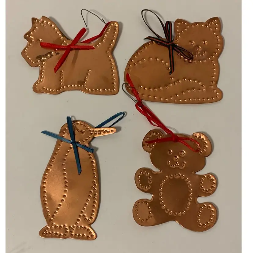 Lot of 4 Vintage Punched Copper Christmas Ornaments