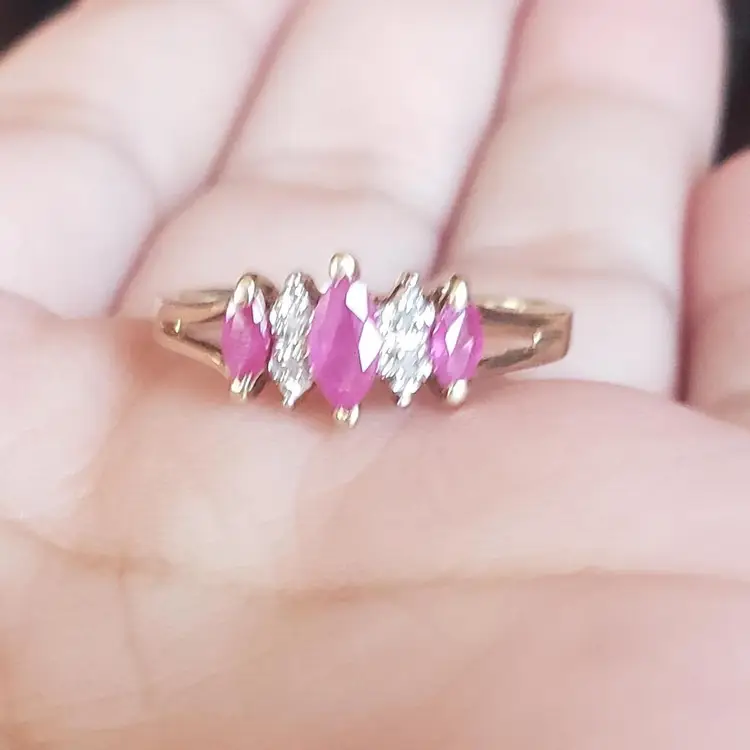 10k Yellow Gold 3 Stone Marquise Ruby & Diamond Ring