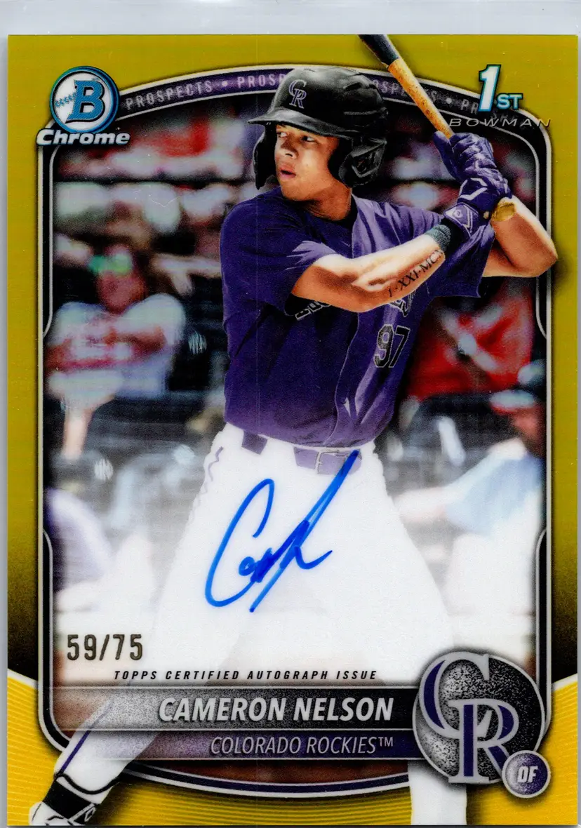 2025 Bowman Draft Cameron Nelson #CPA-CN Chrome Prospect Autographs Yellow Refractor Colorado Rockies #/75 Auto