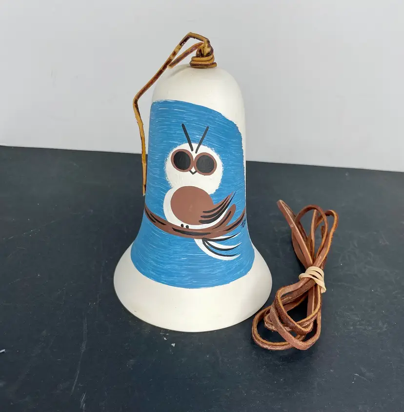 Vintage Tesa Southwest Pottery Hand Painted Owl Clay Bell Wind Chime 7.25”