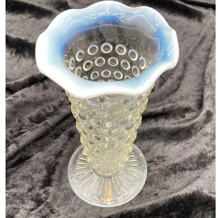 Vintage (1940s) Anchor Hocking, Moonstone Clear Opalescent Crimped Vase, 5.25"