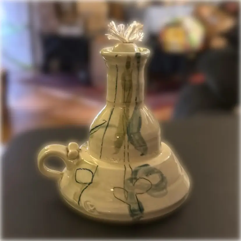 Hand-Signed Studio Art Pottery Oil Lamp with Handle - 5.5β tall