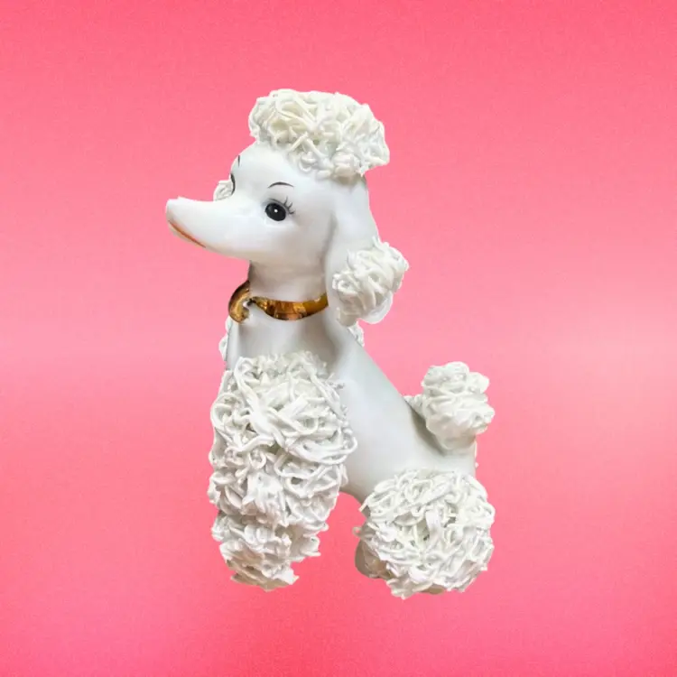 5” Vintage Kitsch MCM Japan Ceramic Spaghetti Poodle Figurine, White/Gold Collar