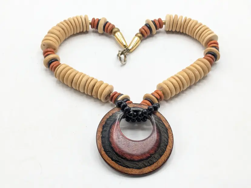 Vintage Wood Bead Natural Pendant Necklace BoHo
