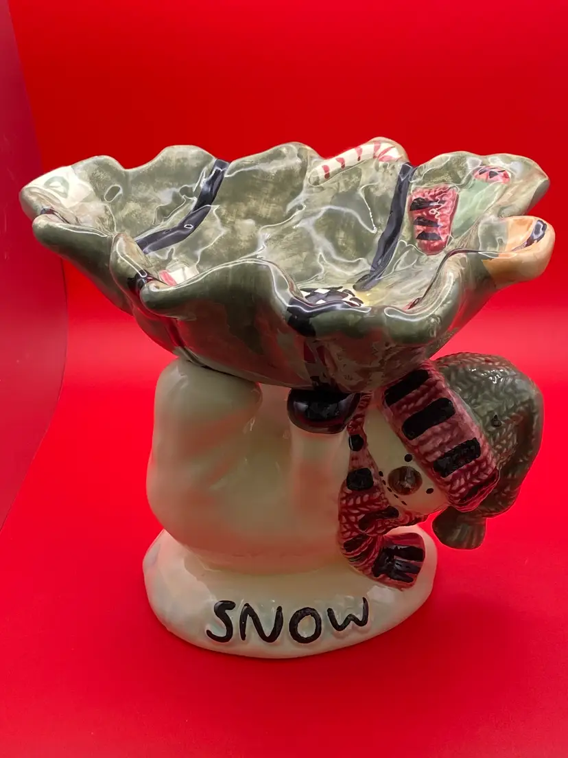 Decorative Holiday Bowl, Candy Dish - Snowman Holding Christmas Tree, 7" Tall, 8" Wide