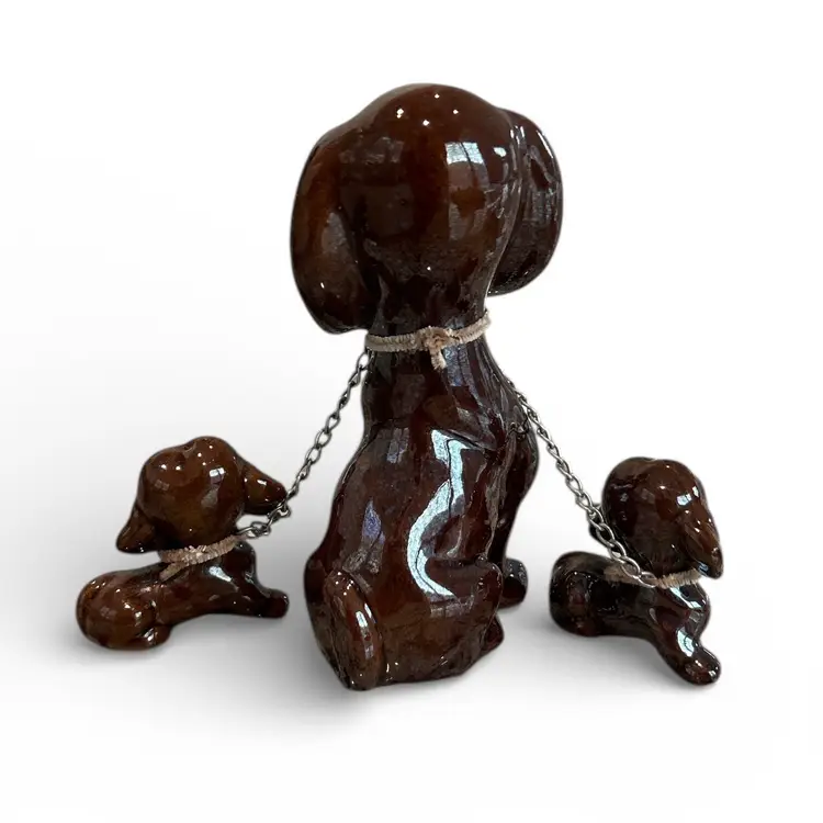 Vintage Dachshund Figurines Mother And Puppies On Chains Brown Made In Japan
