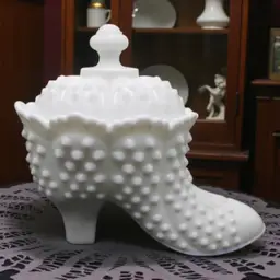 Fenton Hobnail Milk Glass Shoe Candy Dish with Lid Vintage Covered Shoe Trinket Box White Milkglass 6 1/2”x3 1/4”x5 1/2”