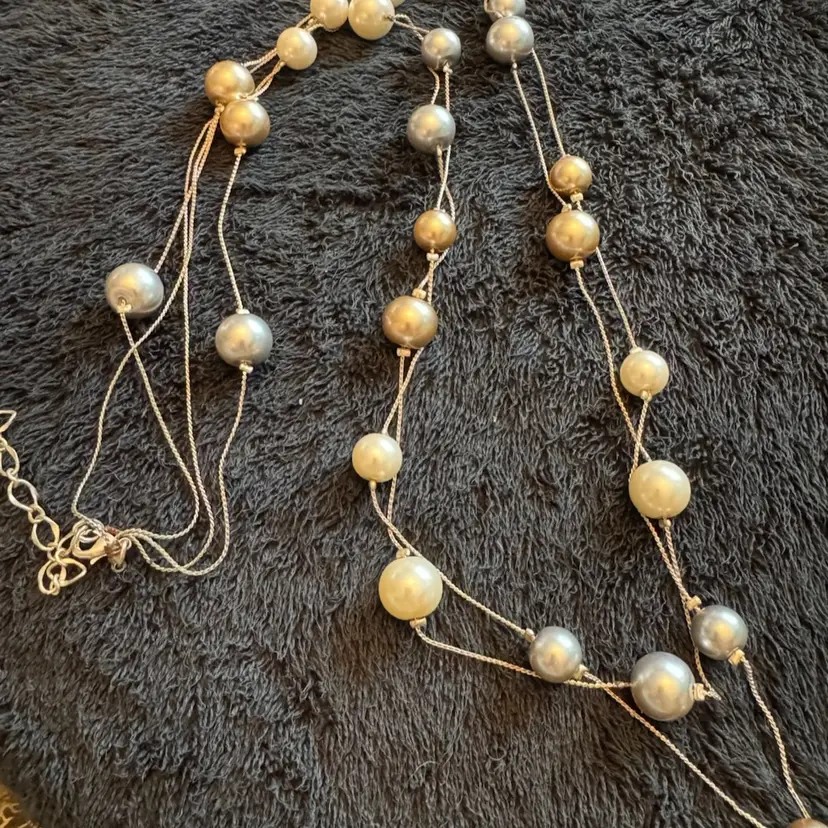 Double Strand Faux Silver Pearl Necklace