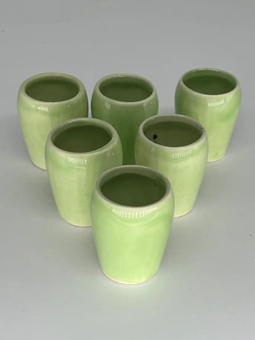 Set Of 6 Vintage Green German Ceramic Shot Glasses 