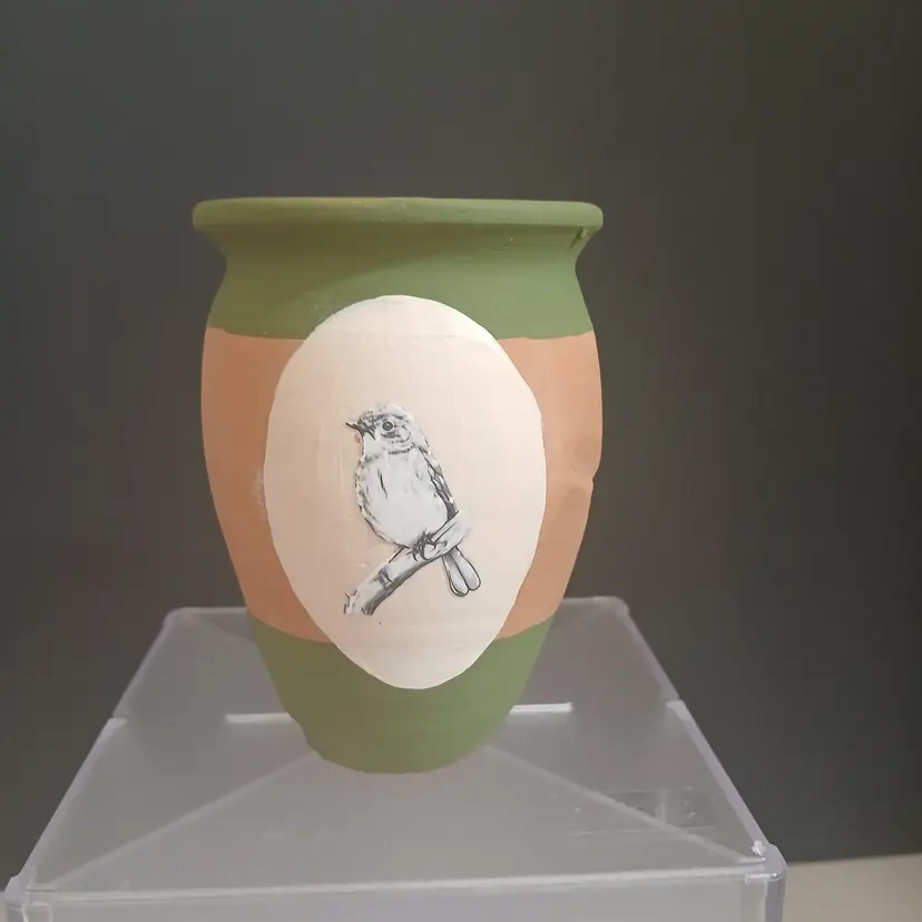 Terra Cotta painted vase, small - upcycled - bird detail