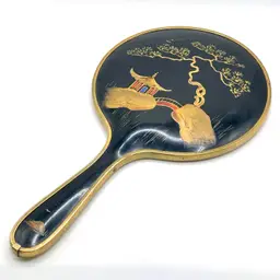 Asian Black Lacquerware Hand Mirror 11”