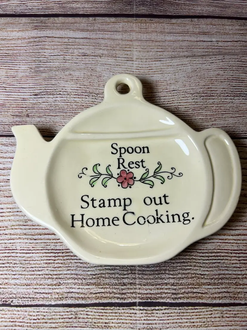 Spoon Rest Teapot Japan Vintage Ceramic “Stamp Out Home Cooking” 6.5x5”