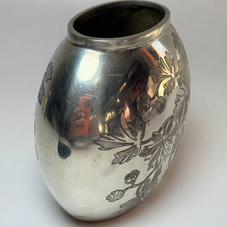 Vintage Wedgwood Interiors Pewter Oval Vase Etched Floral Vines Leaves England