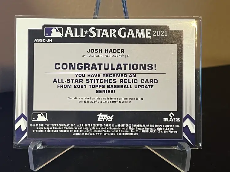 2021 Topps All Star Game Stitches Relic Card Josh Hader Brewers Padres