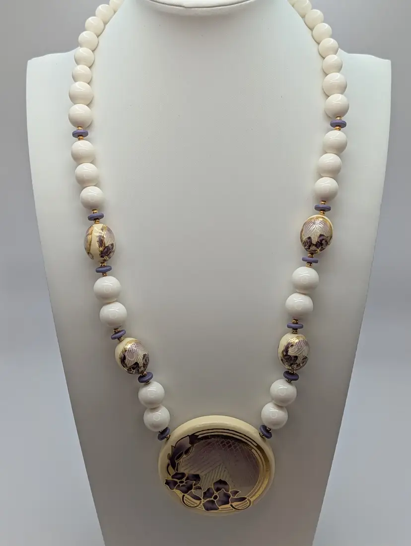 Vintage Japan Ceramic Necklace With Lavender And Gold Floral Design