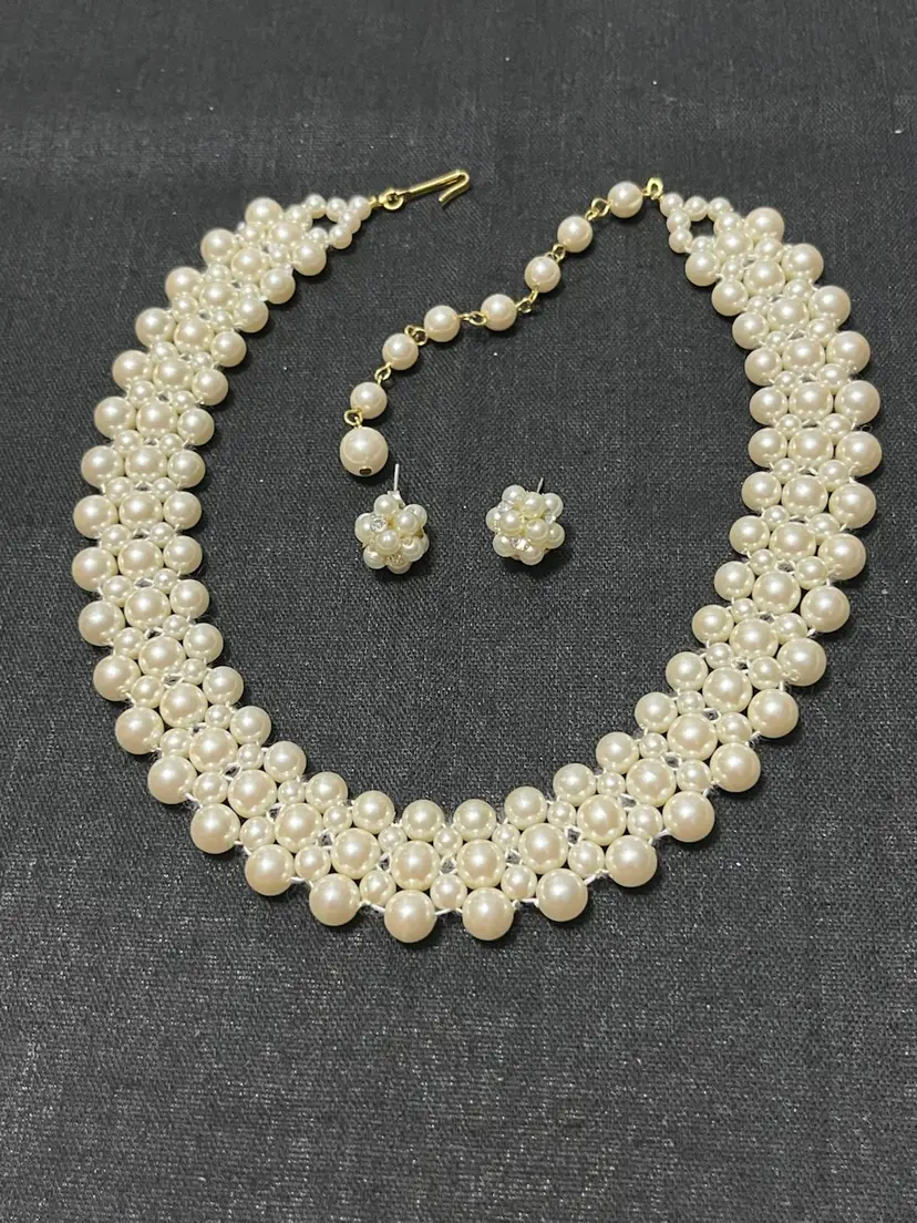 Vintage Collar Imitation Pearl Woven Necklace 14-17” With Earrings