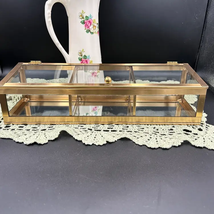 Vintage Brass And Glass Jewelry Box With Mirrored Bottom