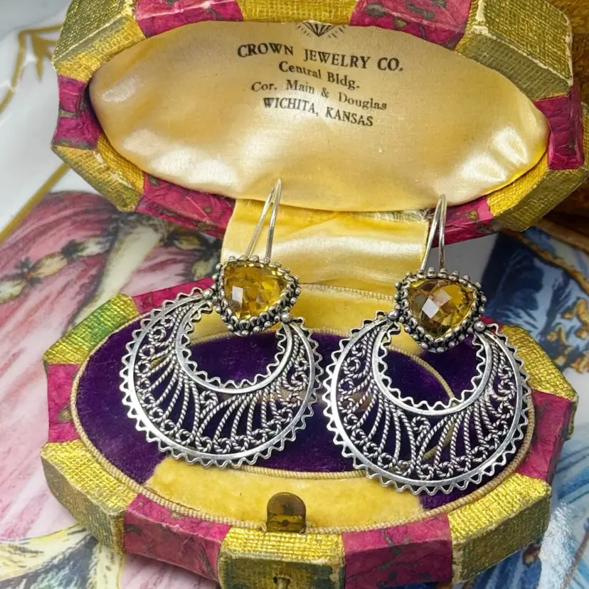 Sterling Silver Turkey Filigree Citrine Earrings 1.5”