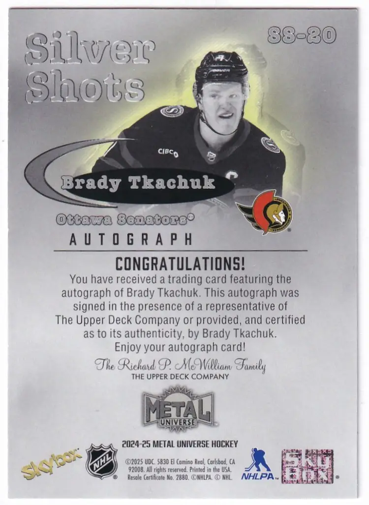 2024-25 Metal Universe Silver Shots Autographs #SS20 Brady Tkachuk Ottawa Senators Hockey Card