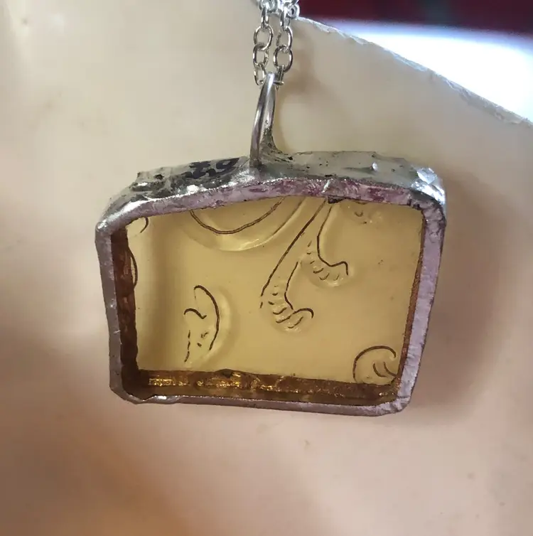 Oodelally Shop Artisan Made Pendant Yellow Depression Glass Plate Handcrafted Necklace 1 in x 7/8 in