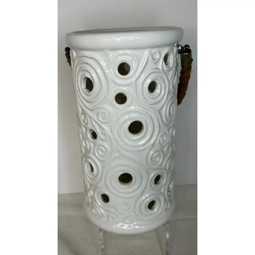 White Pottery Lantern Luminary Jute Rope Handle Circle & Swirl Design