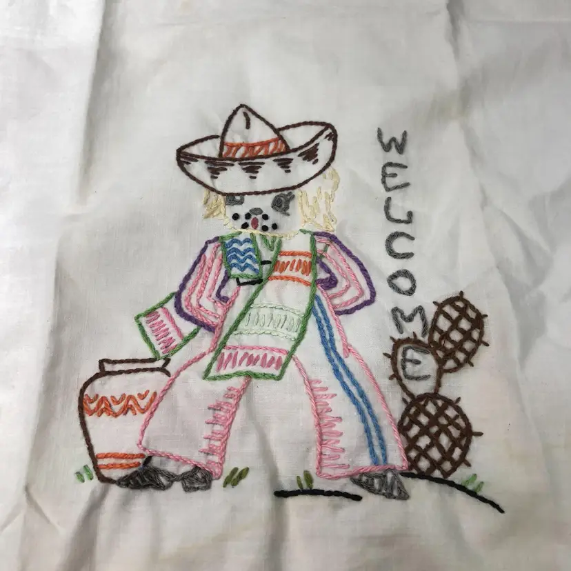 Vintage Hand Embroidered Mexican Sombrero Dog Puppy Welcome Fingertip Towel
