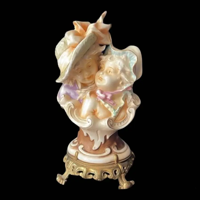 Art Nouveau Porcelain Victorian Man Woman Couple Bust Figurine Brass Base