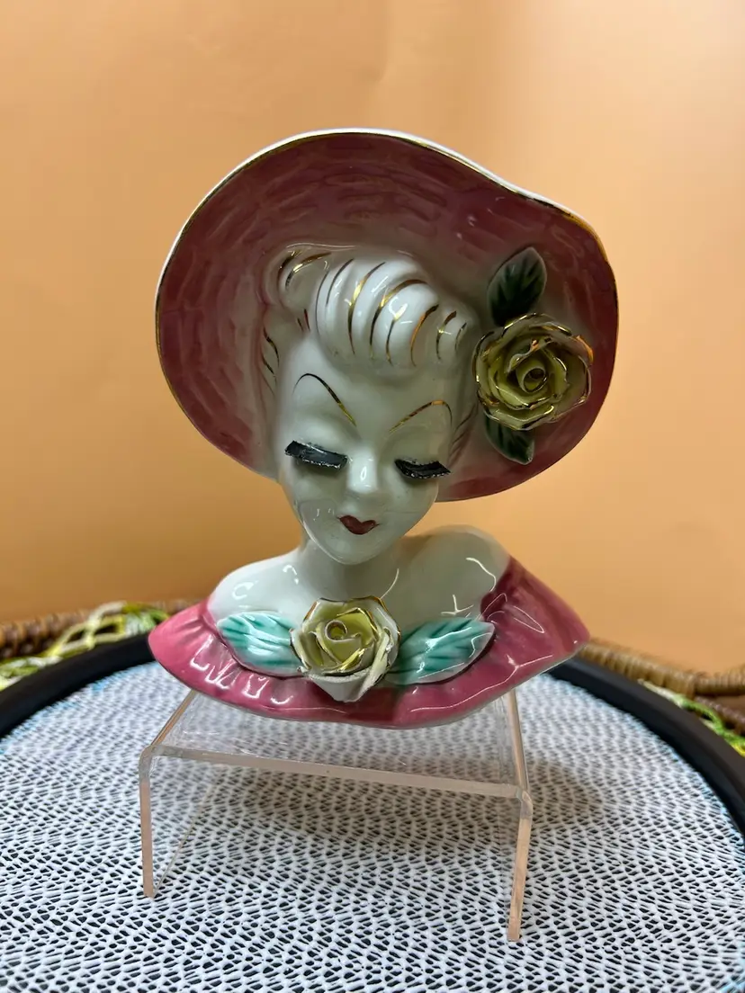 Napco Lady Head Vase. Pink Hat And Dress; Yellow Flowers