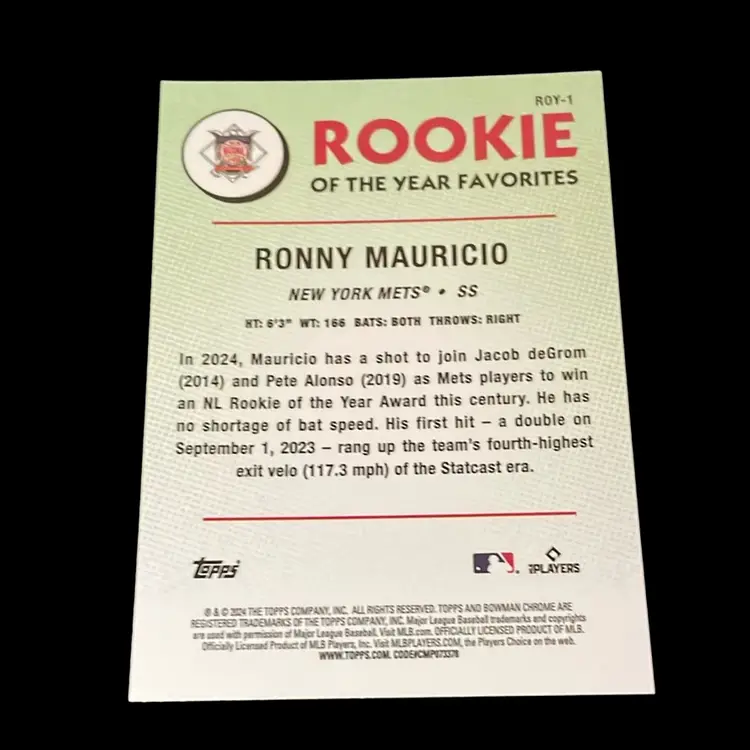 Ronny Mauricio 2024 Bowman Rookie of The Year Favorites Purple Mojo Refractor /250 New York Mets