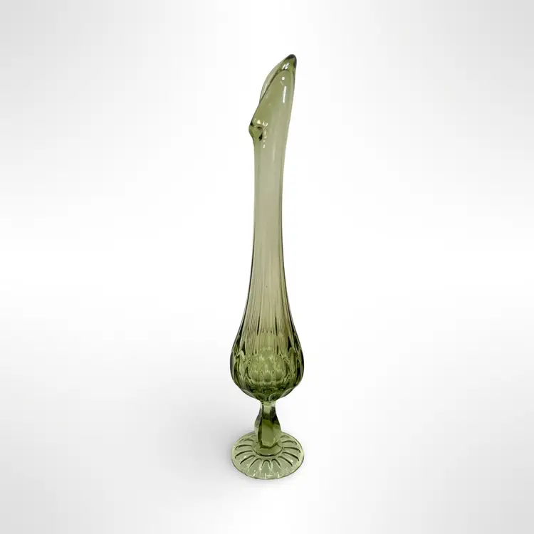 Vintage Fenton Colonial Green Thumbprint Swung Glass Vase With Pedestal Base 12” Tall