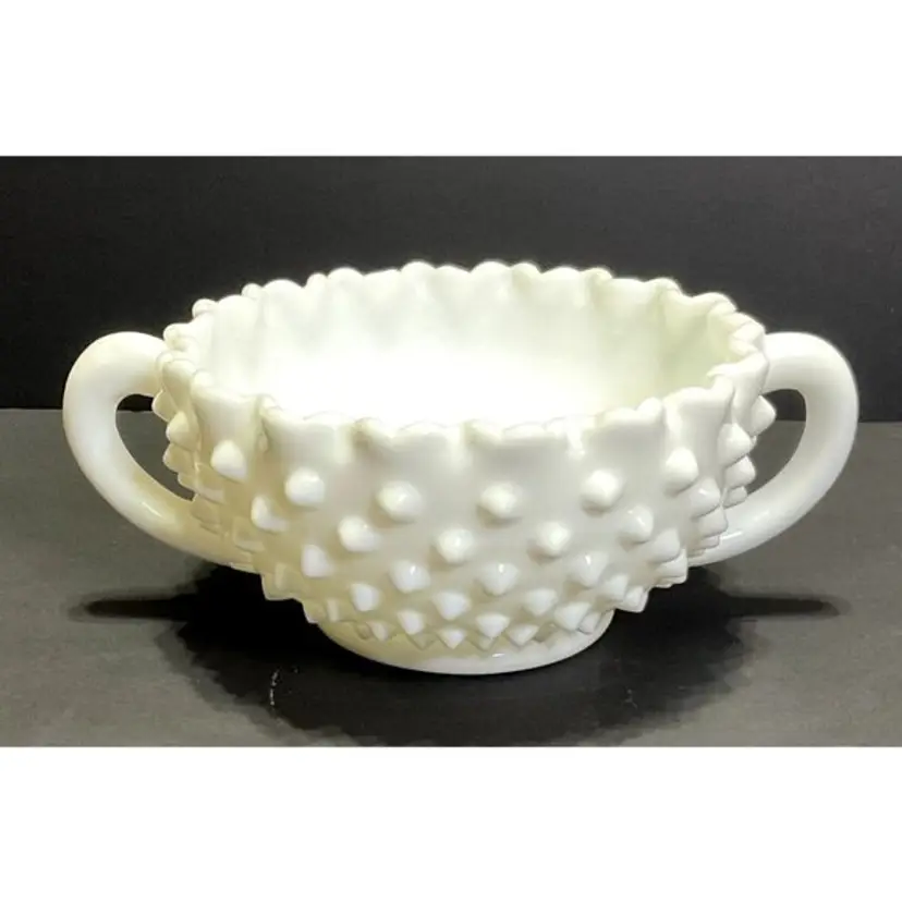 Vtg Fenton Hobnail Milk Glass Handled Sugar Dish w/ Crimped Edges 2.5"H x 5" Diam