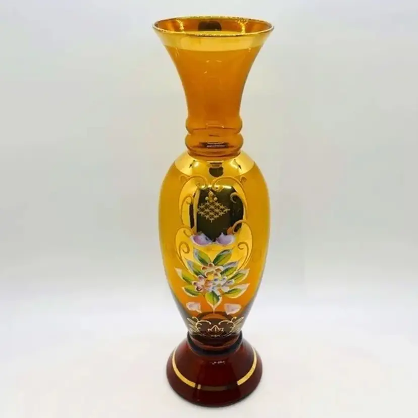 Vintage Ucagco Hand Blown Amber Glass Vase Hand Painted Enamel Flowers Gold Gilt