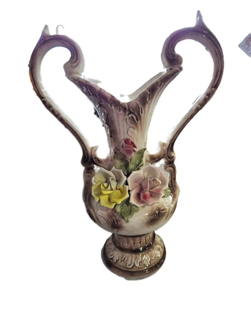 Vintage 1960's Capodimonte Large Double Handled Vase with Roses