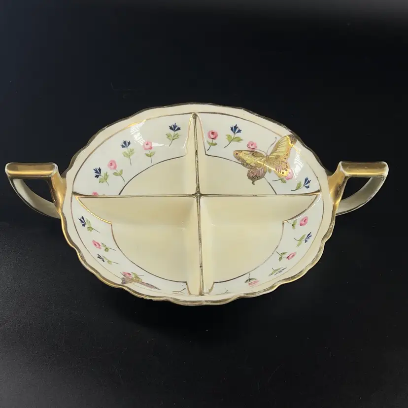 Antique Butterfly Bug  Divided Dish Relish, Condiment Horderves Serving Handled Porcelain Gold Tone Hand Painted Nippon (Japan)