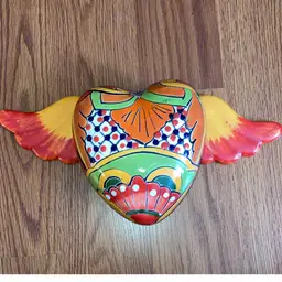 Mexican Pottery Heart With Wings Plaque Wall Hanging Mexico Talavera Folk Art Decor