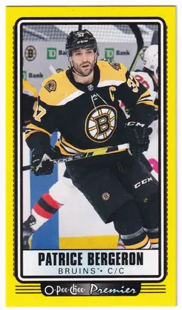 2021-22 O-Pee-Chee OPC Premier Tallboys Yellow #P7 Patrice Bergeron Boston Bruins Hockey Card