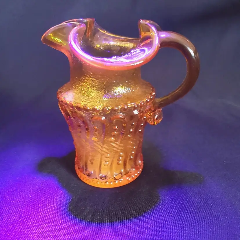 Art Glass Kanawha Pitcher Amber Textured Swirl & Dot Uranium Glowey Flared Vintage