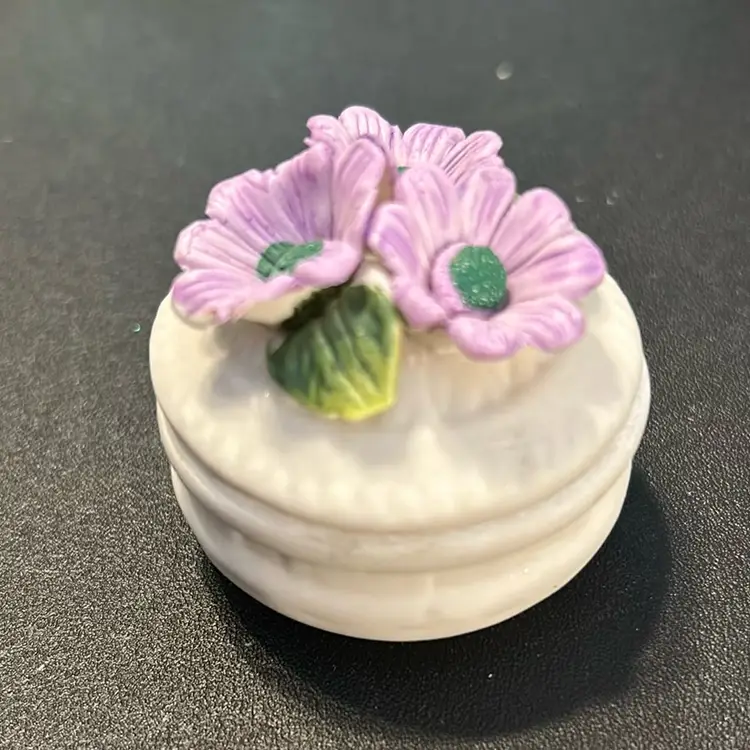Bisque Porcelain Trinket Dish With Lavender Flowers