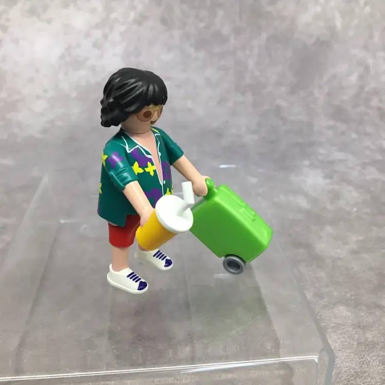 Playmobil Man w/ Rolling Suitcase, Hawaiian Shirt & Drink-On Vacation