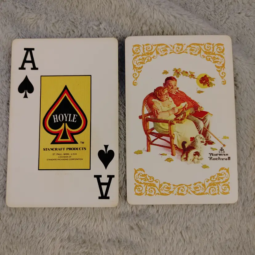 1 Single Swap Card - Playing Card. Norman Rockwell artwork- Tender Memories. Yellow border. Hoyle Products. Made in MN.  Ace of Spades. Dimension 2.5 x 3.5. Read description.