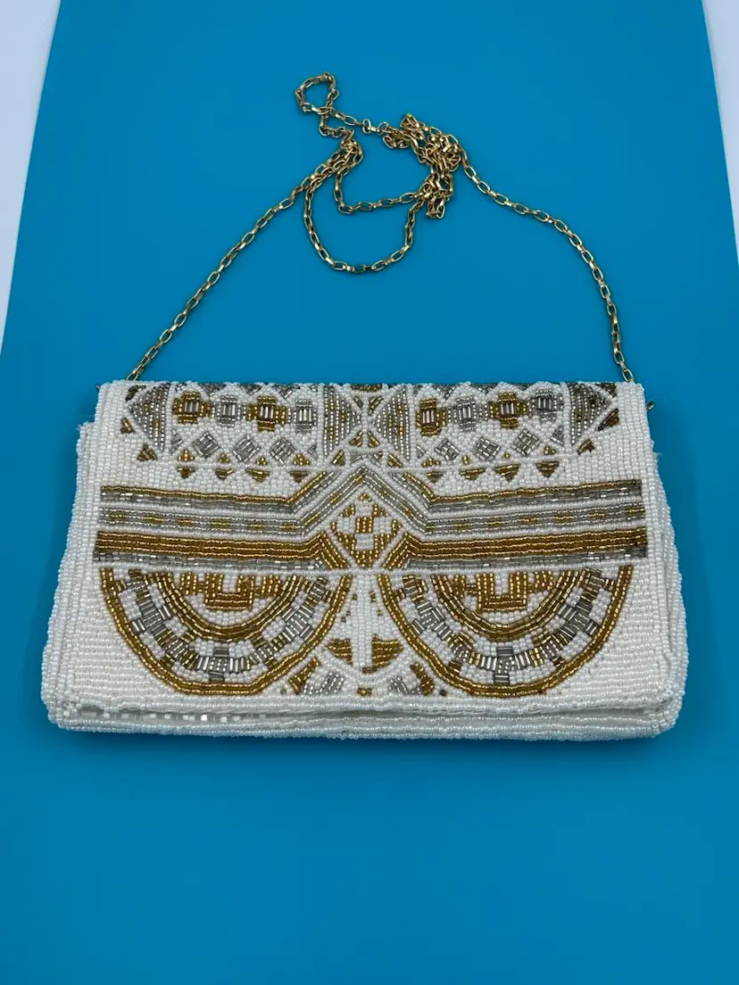 Vintage Seed And Bugle Bead, White Gold And Silver Geometric Design Shoulder Purse