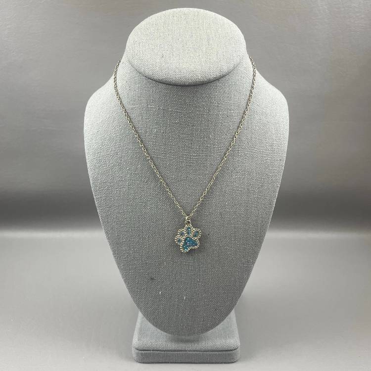Paw Pendant Necklace Blue Rhinestones Jewelry Pet Dog 16" Chain Silver Tone