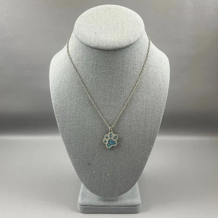 Paw Pendant Necklace Blue Rhinestones Jewelry Pet Dog 16" Chain Silver Tone