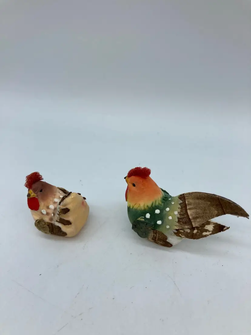 2 Small Chicken Rooster Mushroom Painted Bird Decor