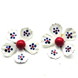 Vintage White Enamel Flower Clip On Earrings Red And Blue Polka Dot Retro 1960s 11944