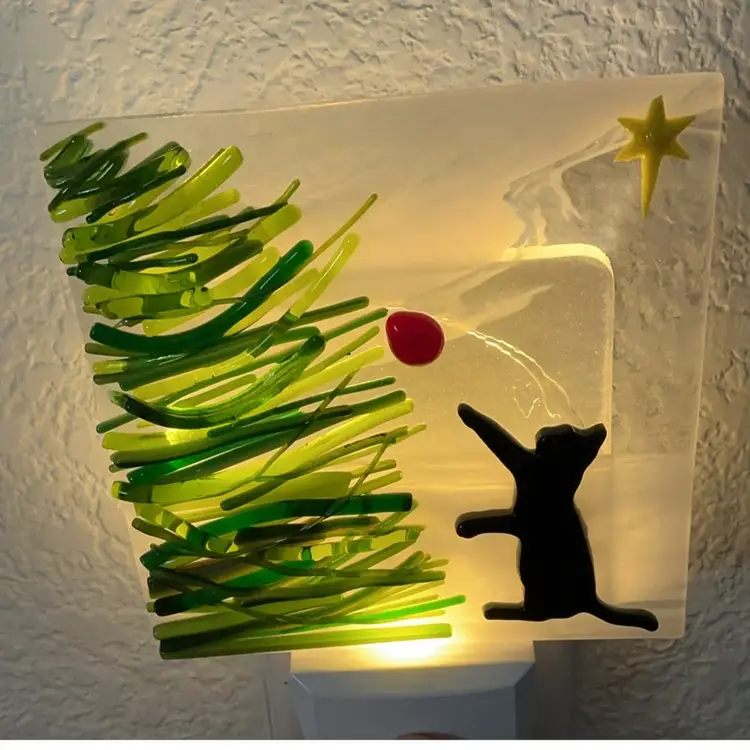 Made by Me! Fused Glass Nightlight 3D Cat & Tree 4” x 4” Studio Art Handmade