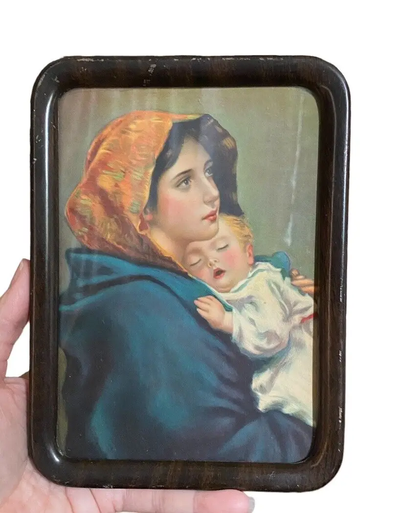 Vintage Madonna Holding Child Lady Holding Baby Metal Framed 7.5”x5.5”
