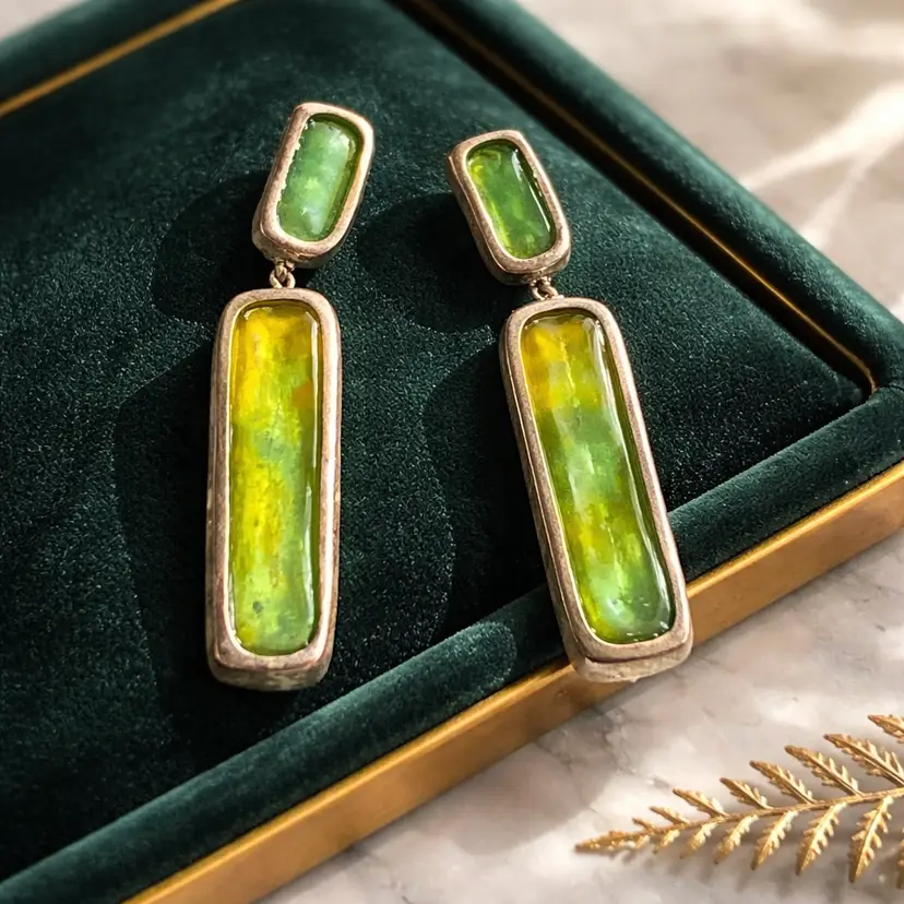 Anne Klein Silver Metal Earrings with Green Stone for Pierced Ears, 1.25"