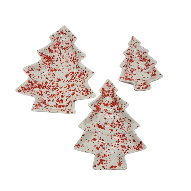 Set Of 3 Ceramic Hobbyist Christmas Tree Shaped Festive Red Splatter Trays