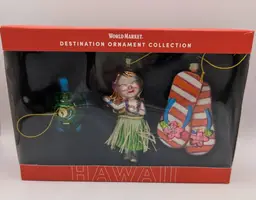 World Market HAWAII Set of 3 Christmas Ornaments HULA DANCER, TURTLE, FLIP FLOPS